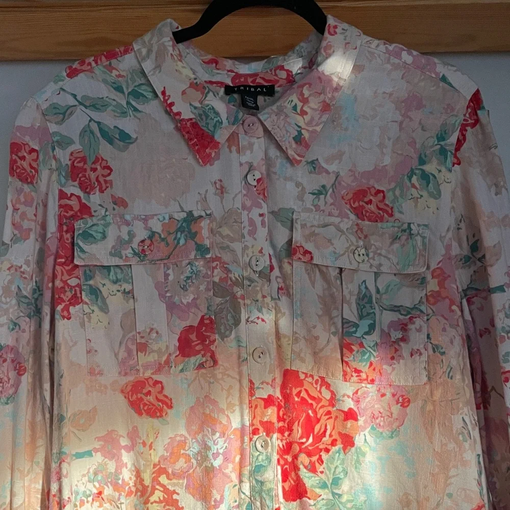 Tribal Linen Multicolor Floral Button-Down Shacket Jacket. Size TG/XL - Picture 3 of 6